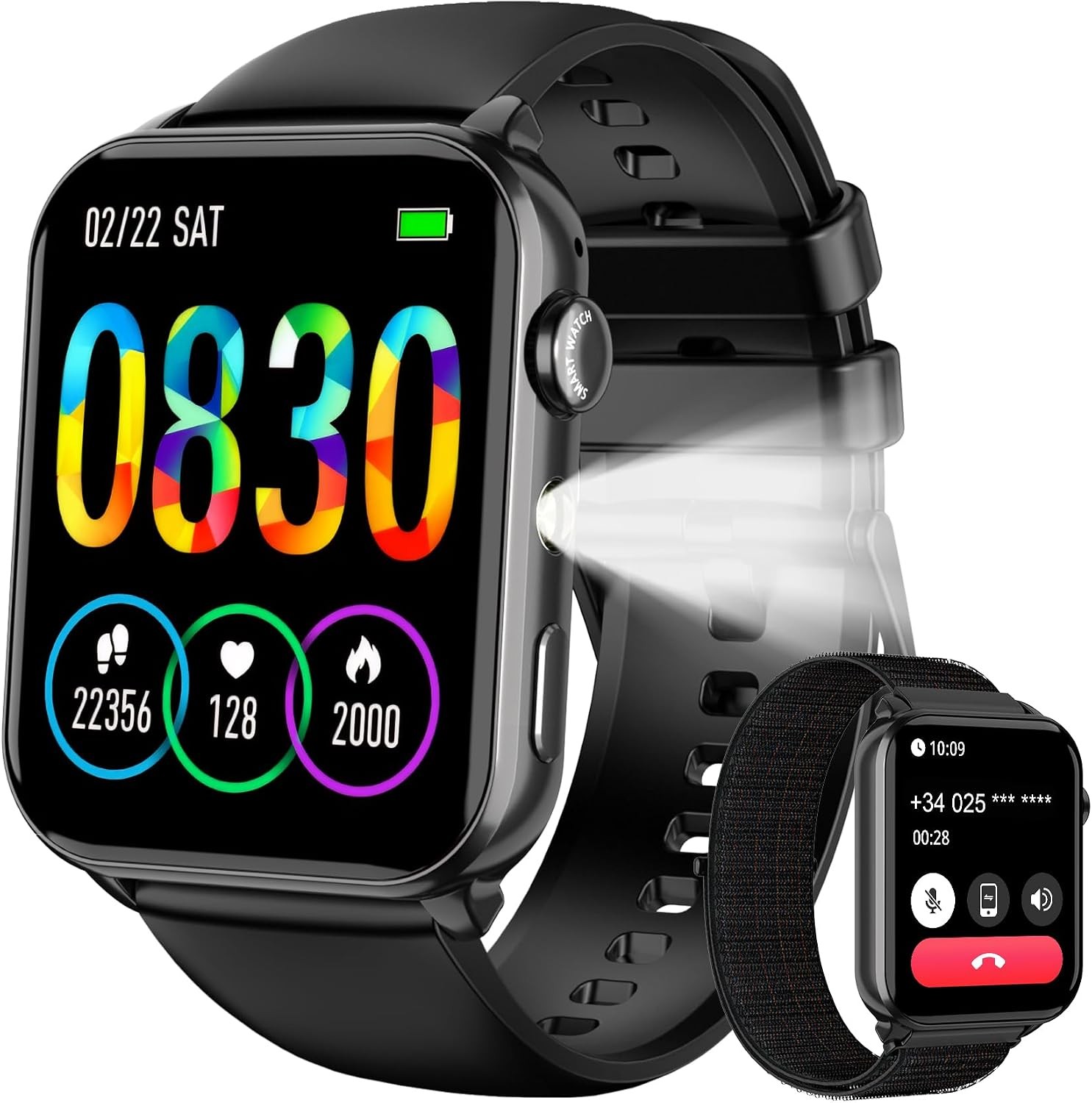 Smartwatch 2 Cinturini Unisex Bluetooth Chiamate LED Torcia Fitness Android IOS