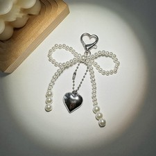 Pearl Bow Keychain with Heart Pendant and Heart Clasp