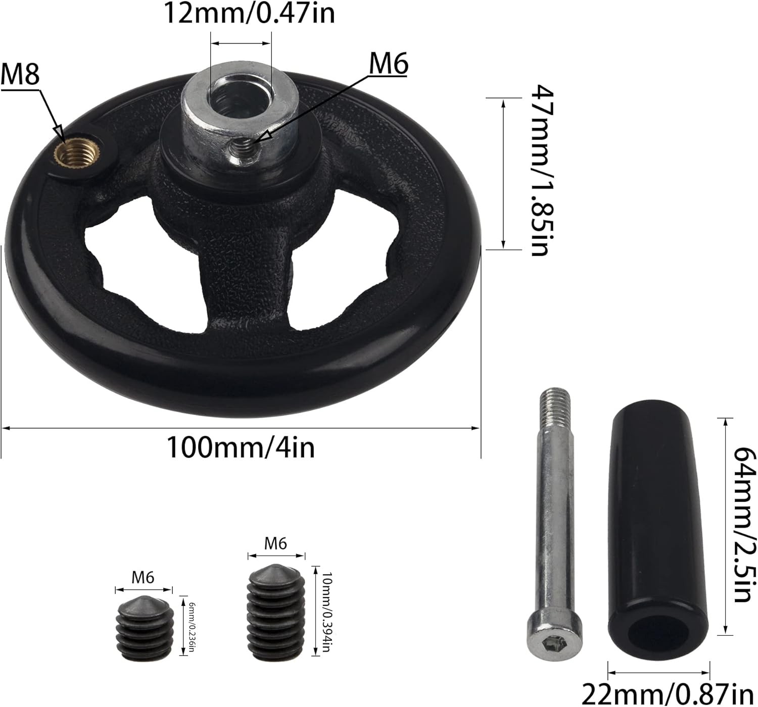 0.47x4inch Diameter Round Hand Wheel W Revolving Knob Handle for Mill Black 