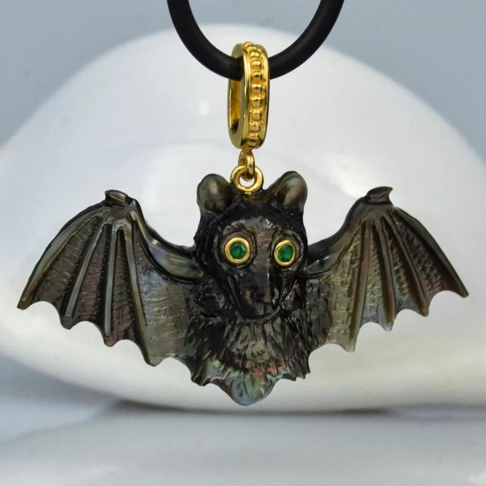 Colgante de murciélago negro tallado nácar oro vermeil plata de ley 5,76 g Foto 4 de 4