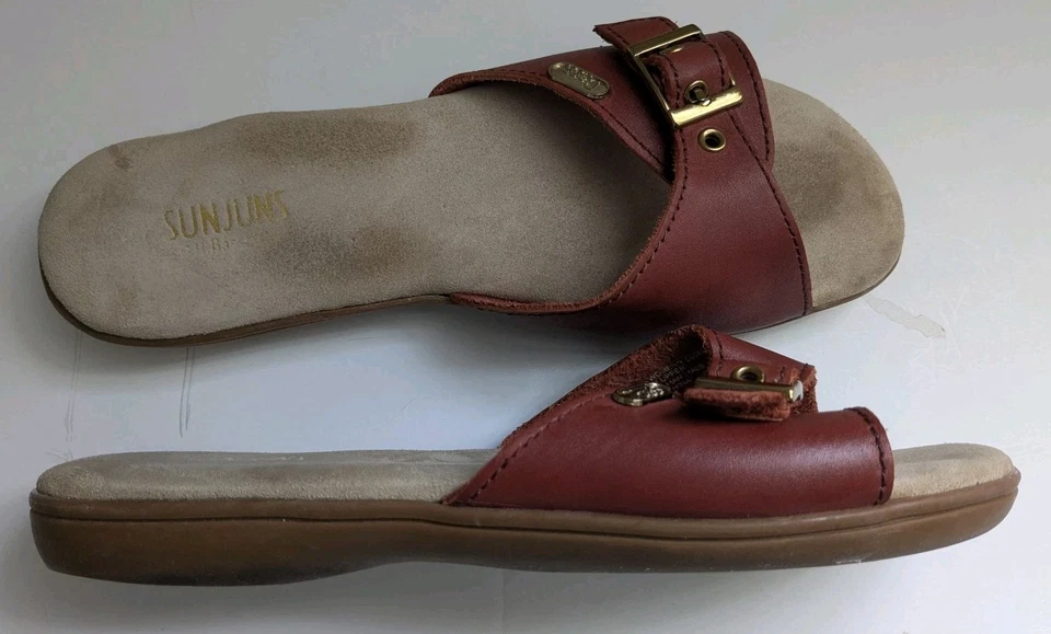 GH Bass SUNJUNS Cognac Red Leather Flat Slide Sandals Safina 9 Comfort Summer  - Image 2 of 4