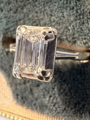 Vintage Genuine Diamond Emerald Cut  Mid-century Solitaire Ring And Original Box