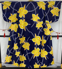 Japanese Vintage Kimono Yukata Cotton Navy No Lining Drit Traditional Length57in