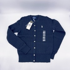 Ralph Lauren Mini-Cable Cotton Cardigan Sweater Navy Blue Big Girl Size L 12-14