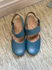 Dansko Thea Mary Jane Studded Ankle Strap Blue Leather Clog Wooden Heel 38