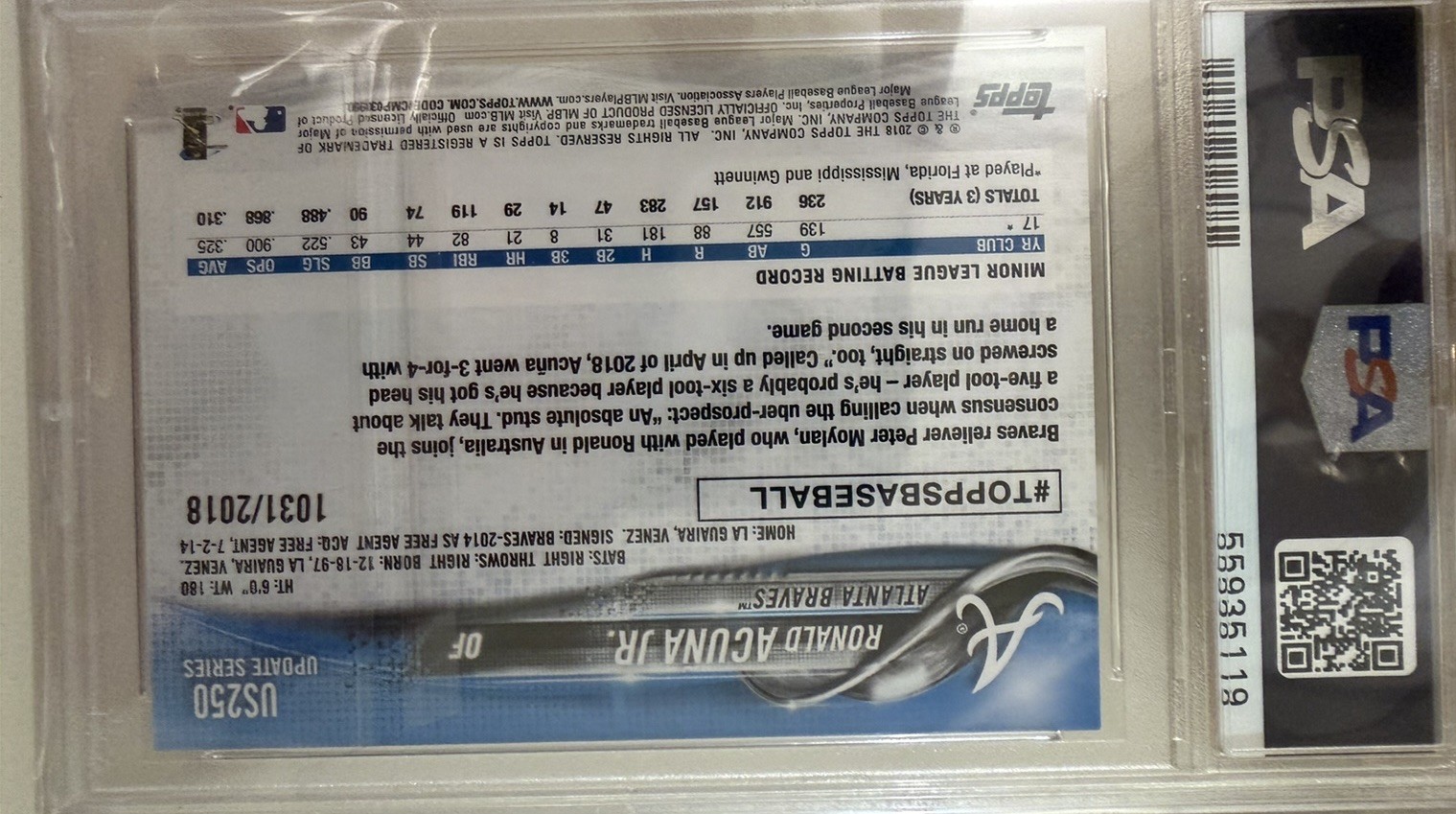 Ronald Acuna Jr 2018 Topps Update #US250 Gold Rookie RC /2018 PSA 9 view 2