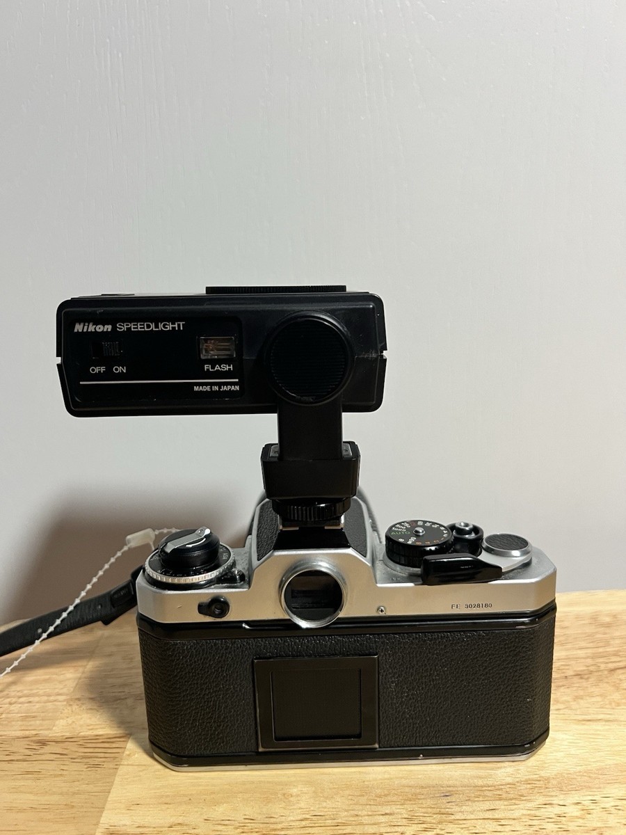 Nikon FE Silver 35mm SLR Film Camera & Lens Flash Attachment From