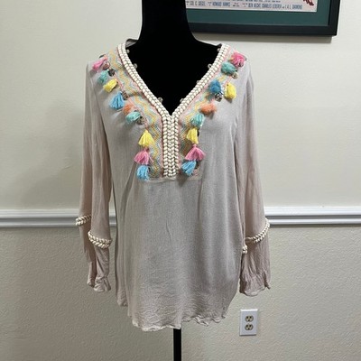 Soft Surroundings Women's Clementine Tunic Top Beige Fringe Boho Size M