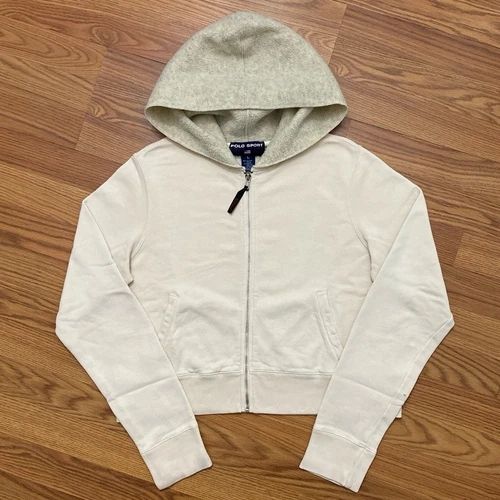 OFF WHITE Polo sportiva vintage Ralph Lauren cropped zip felpa con cappuccio donna L hip hop streetwear