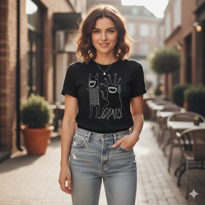 Cute Weird Creatures Line Art Graphic T-Shirt Black Abstract Cartoon Tee - S554