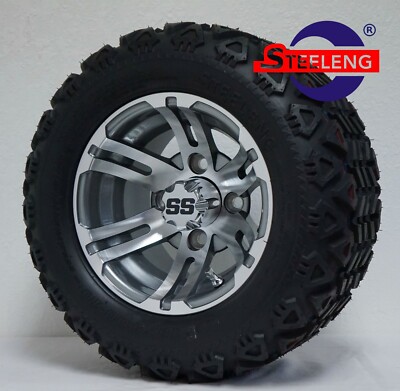 GOLF CART 10'' GUNMETAL BULLDOG WHEELS/RIMS and 18''x9''-10'' DOT ALL TERRAIN TIRES