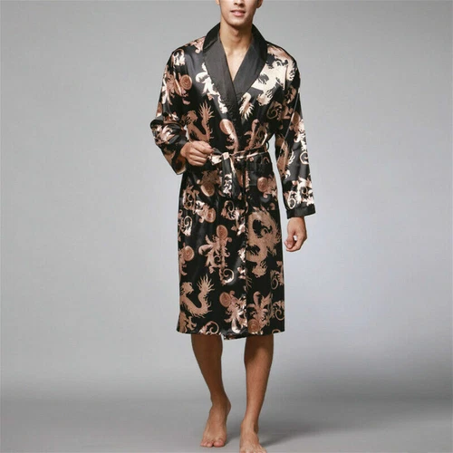 Men Satin Pajamas Robe Dragon Bathrobe Dress Gown Kimono Night Loungewear - Bild 9 von 20