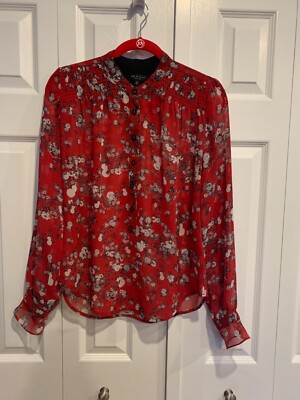 Rag & Bone Blouse Sz S Floral Red Silk Sheer L/Svs Boho Festive Cottagecore Posh