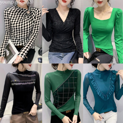 Western Women Long Sleeve Slim Basic Party Cocktail Pullover Tops Blouse T-shirt
