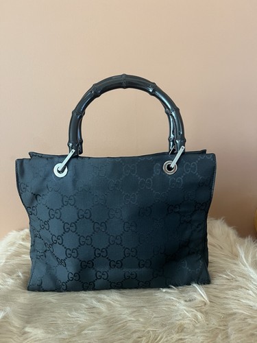 authentic Gucci Black Canvas Monogram Bamboo Tote Bag Preloved