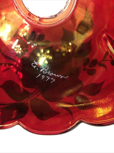 WESTMORELAND Red Glass Hand Painted Rose Lamp Shade Artist Signed Vintage 1977 - Picture 6 of 7