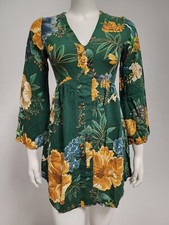 Anthropologie Farm Rio green floral back cutout long sleeve mini dress S