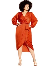 City Chic Opulent Wrap Dress Size 18 Orange Satin Midi Waist Tie Long Sleeves