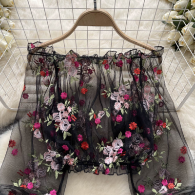 Women Floral Off Shoulder Sheer Blouse Mesh Sexy Top Embroidery