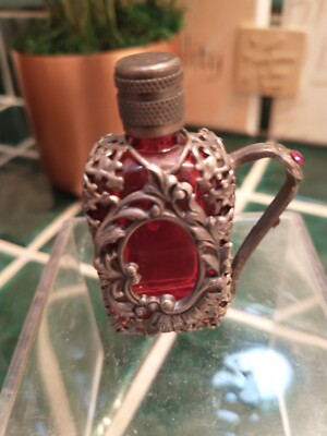 vintage Ruby Glass And Filigree Mini Perfume Bottle, Unique 