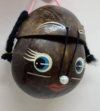 Vintage Coconut Shell Purse Hand Painted Face Head, Lined, Unique Top Closure