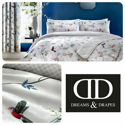 Dreams & Drapes grau Blumenmuster Vogeldruck Bettbezug Set, Bettwäsche ODER Vorhänge