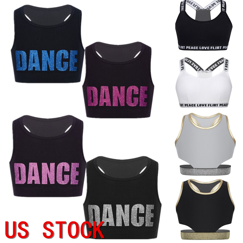 Kids Girls Sports Bra Shiny DANCE Printed Crop Tops Gymnastics