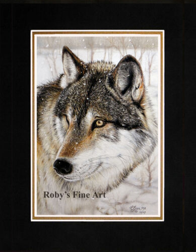 Matted Timber Wolf Art Print Giclee "Winters Watch" 11x14 Mat by Roby Baer PSA   - Picture 1 of 4