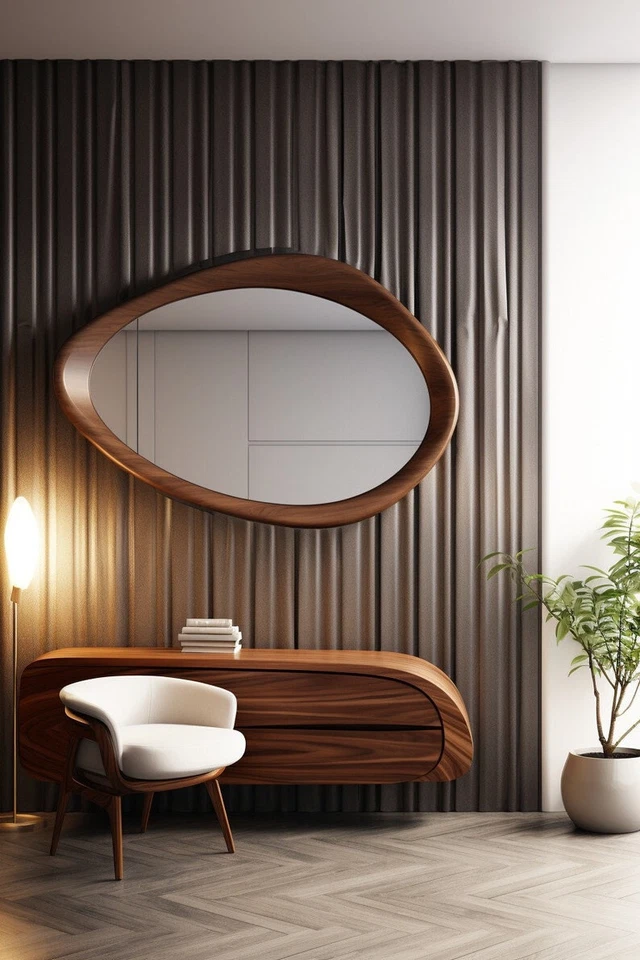 Unique & Stylish Looking Solid Wooden Vanity , Office Decor Mirror Wavy Handmade - Image 3 of 4