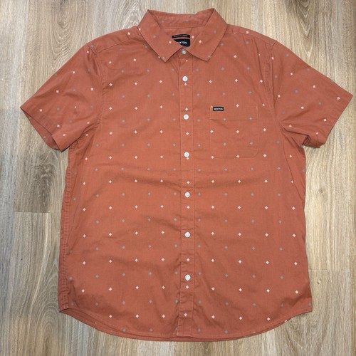 BRIXTON Men’s Large Short Sleeve Button Up Orange Preppy All Over Print