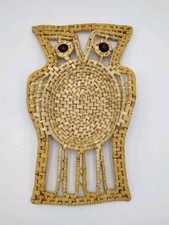 Vintage 70's Rattan Basket Owl Wall Hanging Wooden Bead Eyes 12"X 7"