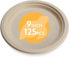 100 Compostable Disposable Paper Plates Bulk 9" 125 Pack , Bamboo Plates, Eco