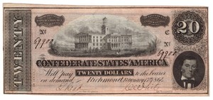 1864 $20 Confederate States of America Note T-67 Memorial Back CSA Currency