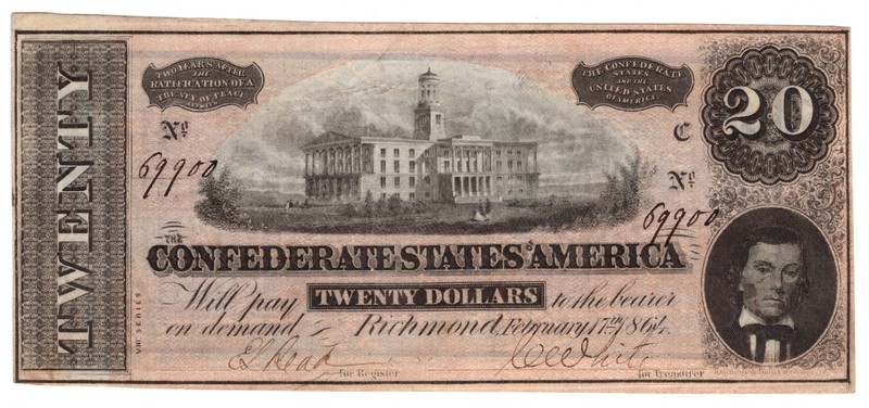 1864 $20 Confederate States of America Note T-67 Memorial Back CSA Currency