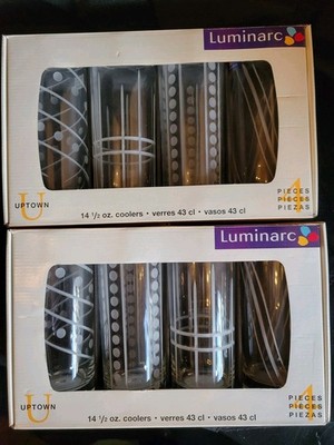(8) NIB French Luminarc Uptown 14.5 Oz Crystal Geometric Graphics Glasses