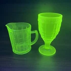 Anchor Hocking Block Optic Goblet & Creamer Depression Green Uranium Glass -2pcs