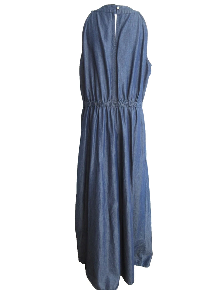 NY&Co Maxi Dress Womens L Blue Sleeveless Pockets Cotton Sateen Denim Glam Maxi - Image 2 of 4