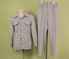 Men's VTG 70s Black  White Plaid 2 PC Polyester Leisure Suit Sz S 1970s Disco
