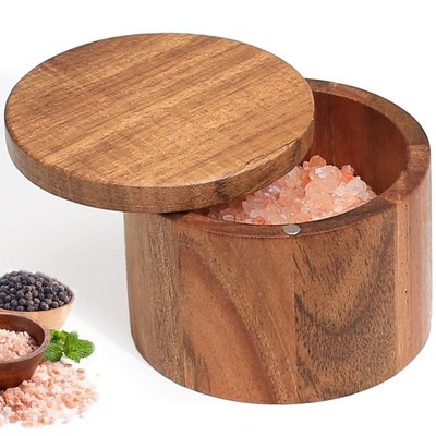 Salt Cellar with Lid, 1 Cup Acacia Wood Salt Container with Swivel Cover for ...
