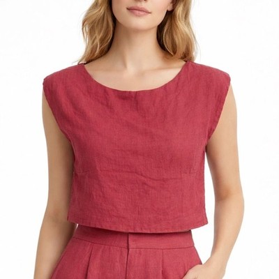 POSSE Crop Top XS Red Casual Linen Sleeveless Summer Minimal