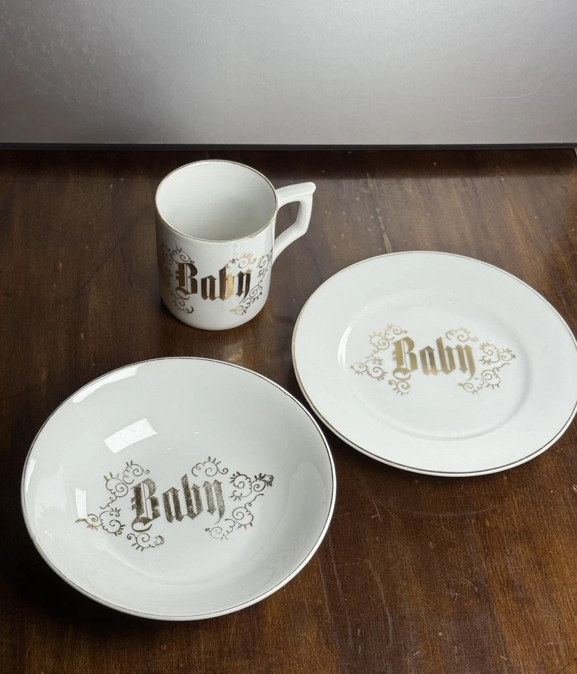 3-teiliges antikes Porzellan BABY FÜTTERUNGSSET mit passender Schale, Teller, Becher Germany - Bild 4 von 4