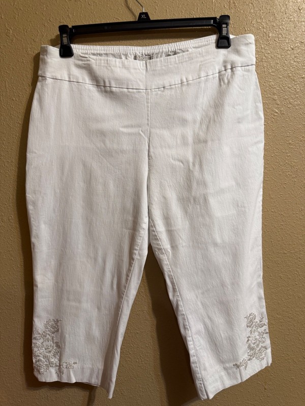DANA BUCHMAN CAPRI PANTS SZ XL WHITE & BEIGE EMBROIDERED STRAIGHT LEG PULL ON