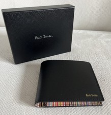 Image of Paul Smith Billfold & Coin Leather Wallet in Black w. Signature Stripe Interior