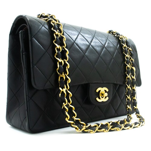 ak9 CHANEL Authentic Classic Double Flap 10" Chain Shoulder Bag Black Lambskin