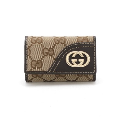 Gucci Canvas Interlocking G 6-Key Case Leather Khaki Beige Brown Dark Gold