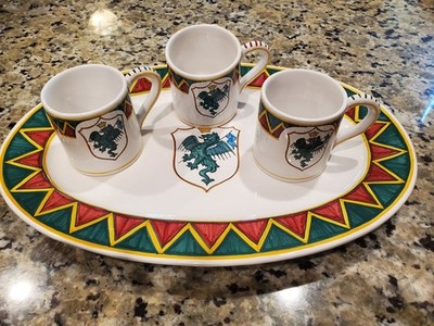 RARE Grazia Deruta SPRUZZARE Italy Pottery Drago Raffaellesco Platter & 3 Mugs