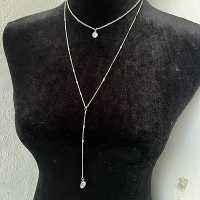 Vintage Crystal Double Lariat Necklace Choker Y Drop Drilled Crystal Pendant