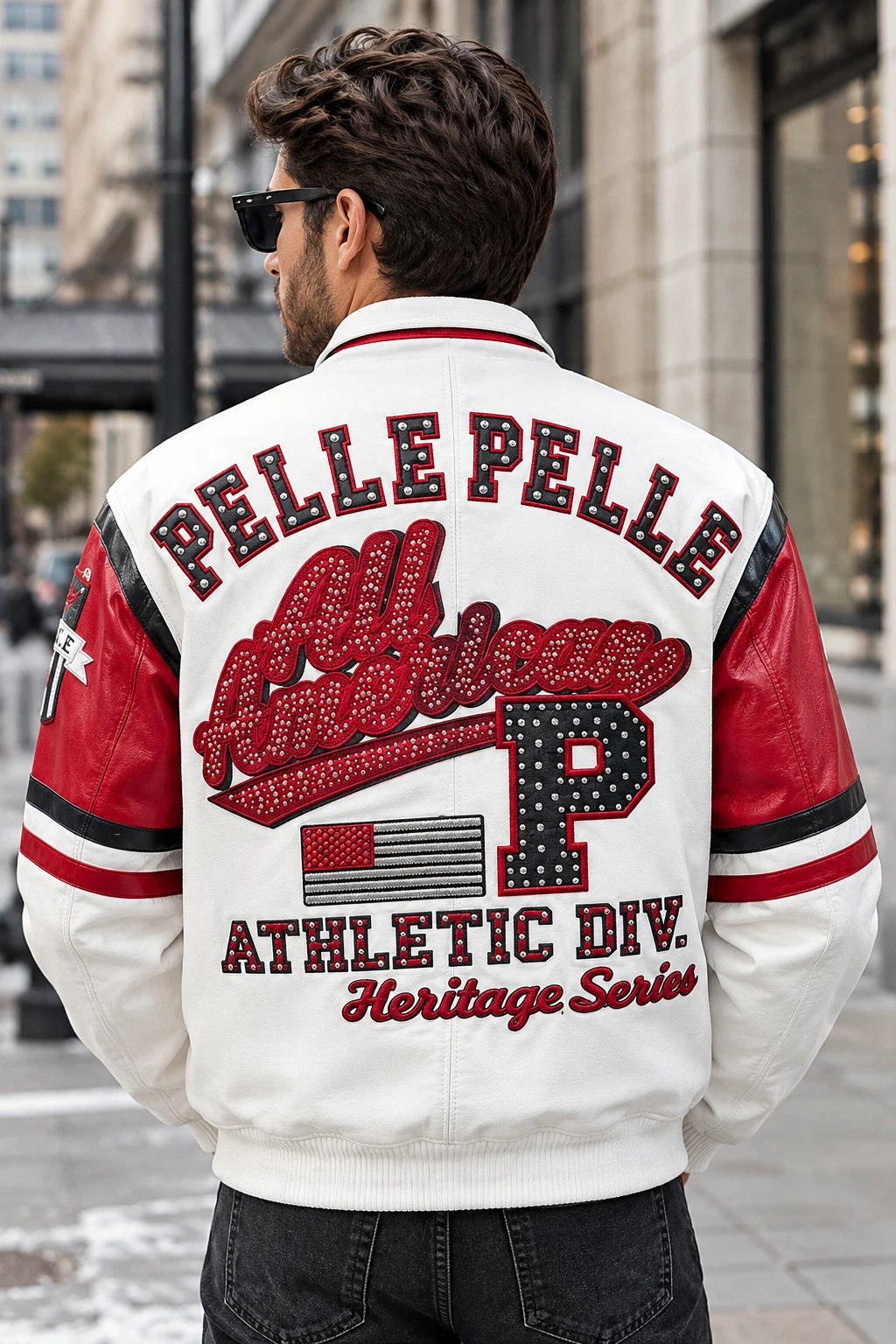 Men’s White and Red Leather Varsity Jacket, Studded Letterman Bomber Jacket image 3