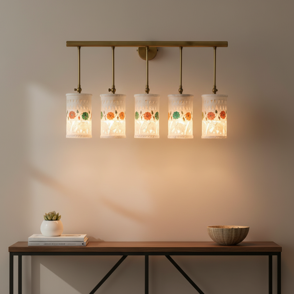 Handcrafted Alabaster & Brass 5 Light Wall Sconce 29 Inch Vintage Vanity Light