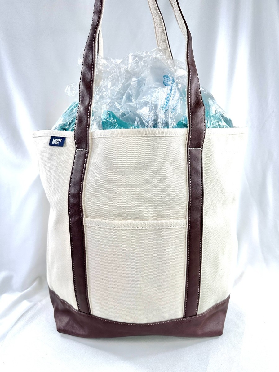 Lands End Cream Canvas Extra Large Tote Bag Brown Faux Leather